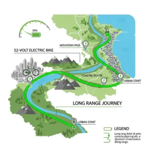 An infographic illustrating the impressive long-range capability of a 52 volt electric bike on a single charge, ideal for extended adventures.