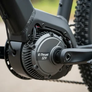 The powerful mid-drive motor of a 52 volt electric bike, engineered for maximum torque and efficient hill climbing.