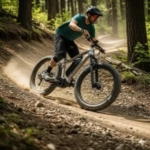 A versatile 52 volt electric bike with fat tires, navigating a rugged off-road trail with confidence and stability.