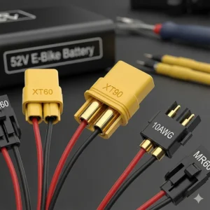 A close-up of common connectors like XT90, used to safely link a 52V electric bike battery to the bike's controller.