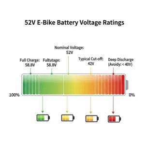An informational graphic explaining the voltage ratings of a 52V electric bike battery, from full charge to discharge.