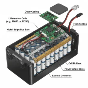 Diagram illustrating the internal components of a 52V electric bike battery, including the cells, BMS, and casing.