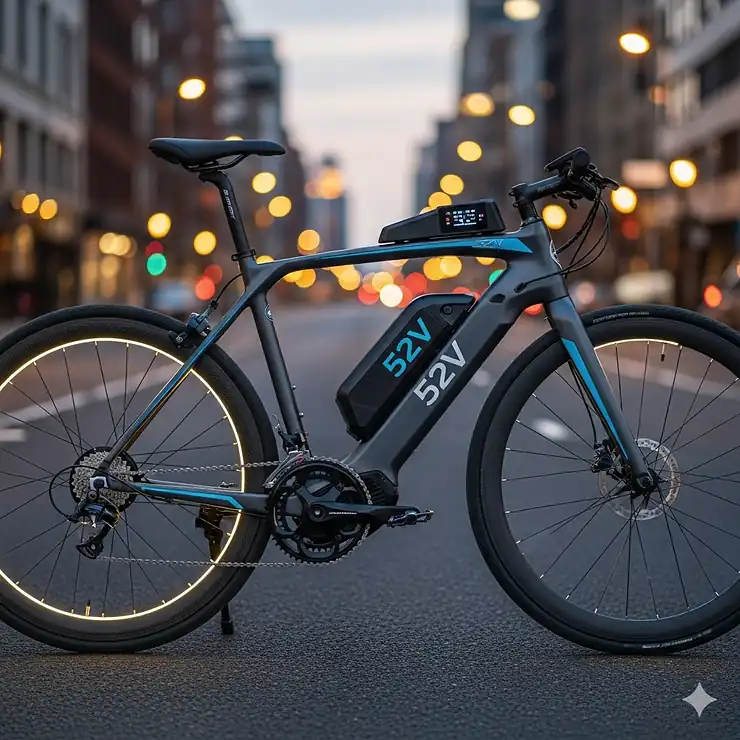 A sleek electric bike powered by a high-performance 52V electric bike battery, ready for a long-range ride.