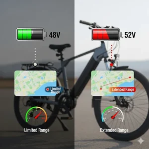 A visual comparison highlighting the increased range and performance benefits of a 52V battery over a standard 48V ebike battery.