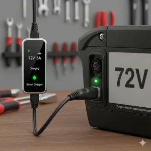 An image of a smart charger and the charging port for a 72V e-bike battery, highlighting safe and efficient charging practices.
