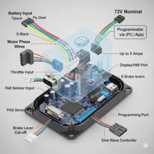 A diagram of a programmable 72V e-bike motor controller, illustrating its various connection ports for the battery, motor, and display.