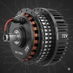 An illustration of a high-torque hub motor designed for a 72V e-bike system, emphasizing its robust build and powerful output.