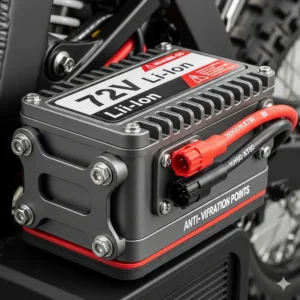 Close-up of the high-capacity 72 volt electric dirt bike lithium-ion battery pack, highlighting its compact design and secure mounting.
