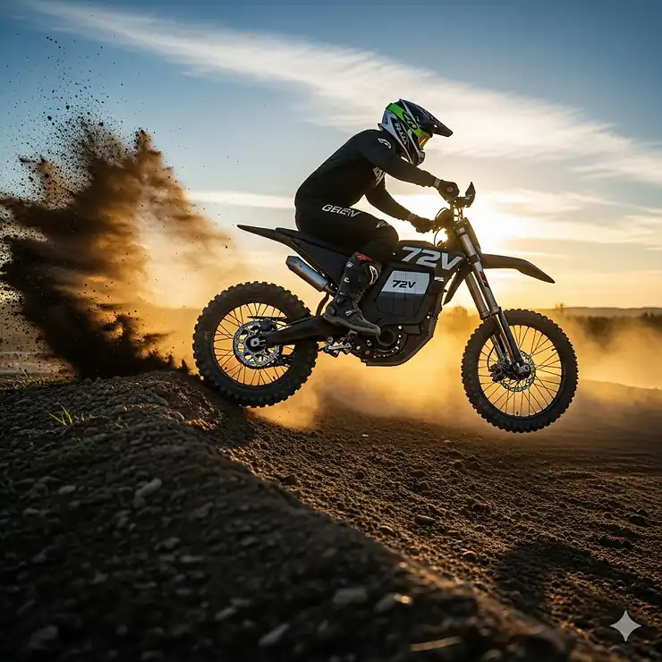 A rider on a 72 volt electric dirt bike effortlessly navigating a challenging off-road trail, showcasing the bike's powerful performance and agile handling.