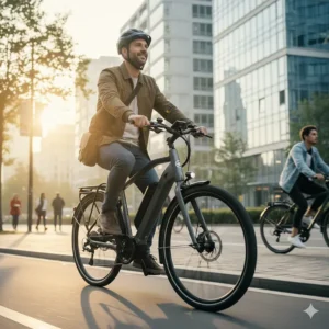 A person commuting to work on a 750W electric bike, highlighting its efficiency and speed for daily urban travel.
