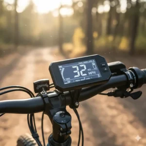A digital LCD display on the handlebars of a 750W e-bike, showing key metrics like speed, battery level, and pedal-assist settings.