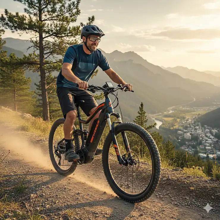 A man is riding a 750W electric bike on a scenic mountain trail, enjoying the powerful pedal assist and sleek design of the e-bike.