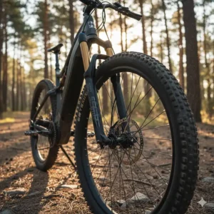 A detailed shot of the front suspension fork on a 750W electric bike, designed to absorb shocks and provide a smooth ride on various terrains.