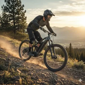 A rugged 750W electric mountain bike climbing a steep hill, showcasing the power required for challenging off-road adventures.