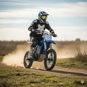 An adult rider in motion on an entry-level electric dirt bike, demonstrating its use on a flat dirt path.