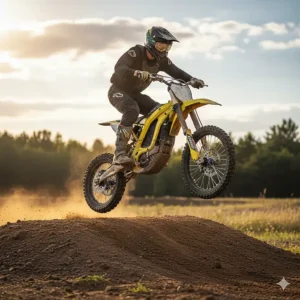 An action shot of a rider performing a small jump on an electric pit bike. The bike and rider are mid-air, showcasing the bike's lightweight frame and agile handling.