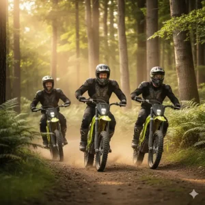 Three adults ride electric pit bikes through a scenic, wooded trail. They are smiling and appear to be enjoying the fun, quiet, and eco-friendly ride.