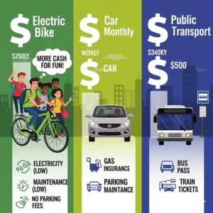 A graphic showing the cost-saving benefits of an electric bike compared to a car or public transport for a teenager, focusing on its affordability.