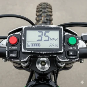 A close-up of the digital display and controls on an inexpensive electric dirt bike, showing speed and battery life.
