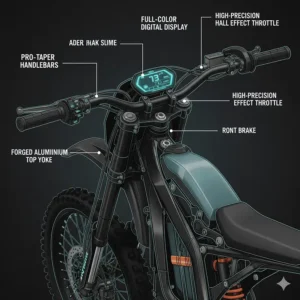 A beginner-friendly electric dirt bike designed for new riders, highlighting features like adjustable speed settings and lightweight construction.