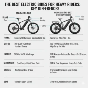 A comparison chart or graphic illustrating the key component differences in the best electric bikes for heavy riders.