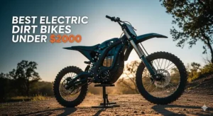 Best electric dirt bike under $2000 with a rider on a dirt track, showcasing its powerful performance and affordability.