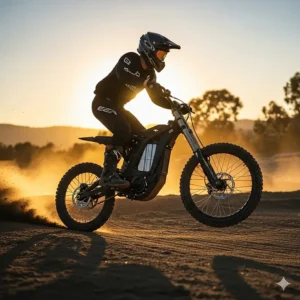 An action shot of a high-performance electric dirt bike priced under $3000, captured mid-jump on a dirt track.