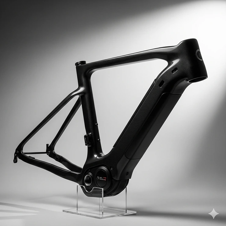 An aesthetically pleasing shot of a lightweight carbon fiber electric bike frame on a minimalist stand, emphasizing its high-performance and premium qualities.