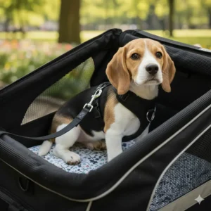 Detailed illustration of a dog's safety harness and leash attachment point inside the electric bike dog carrier.