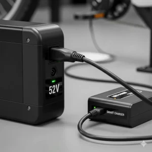 A dedicated charger is connected to a 52V electric bike battery, illustrating the proper charging procedure for optimal lifespan.