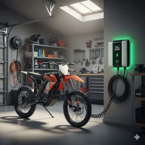 An illustration of the 72 volt electric dirt bike connected to its fast charger, demonstrating the convenience of at-home charging.