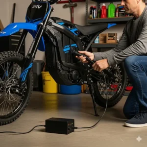 An adult plugging a charger into a 24 volt electric dirt bike at home, demonstrating the simple charging process.