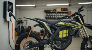 An electric dirt bike plugged into a charger, showing the convenience of charging at home.