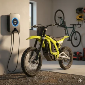 An electric pit bike for adults is connected to a charging station, with a glowing light indicating it's in the process of recharging. This image demonstrates the convenience of owning an electric dirt bike.