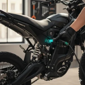 A hand plugging a charging cable into the port of a street-legal electric dirt bike, illustrating the easy process of recharging.