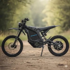 A side profile view of an affordable electric dirt bike, highlighting its compact frame and suspension system.