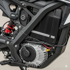 A close-up shot of the motor and battery on an affordable electric dirt bike, highlighting its key components.