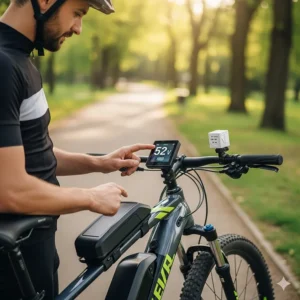 A cyclist checks the battery level on their display screen after installing a new 52V electric bike battery.
