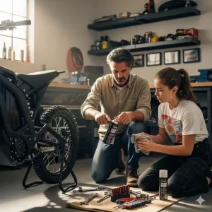 A parent and their teenager performing a simple maintenance check on their electric dirt bike, such as lubricating the chain, to show ease of care.