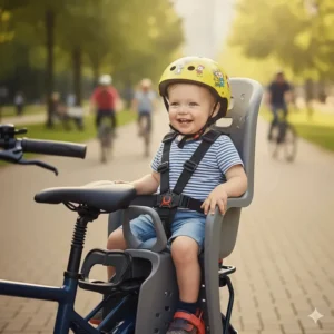 Happy child wearing a safety helmet and strapped into a comfortable electric bike child seat.
