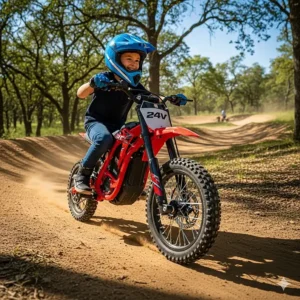 A happy child wearing a helmet and gloves, riding a 24 volt electric dirt bike on a winding dirt track.