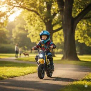 A young child safely and excitedly riding a small, beginner-friendly mini moto electric bike in a park.
