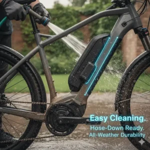 Owner easily cleaning and hosing down the durable waterproof electric bike after a muddy ride.