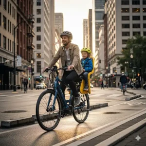 A parent and child commuting through a city on an electric bike equipped with a comfortable kid seat.
