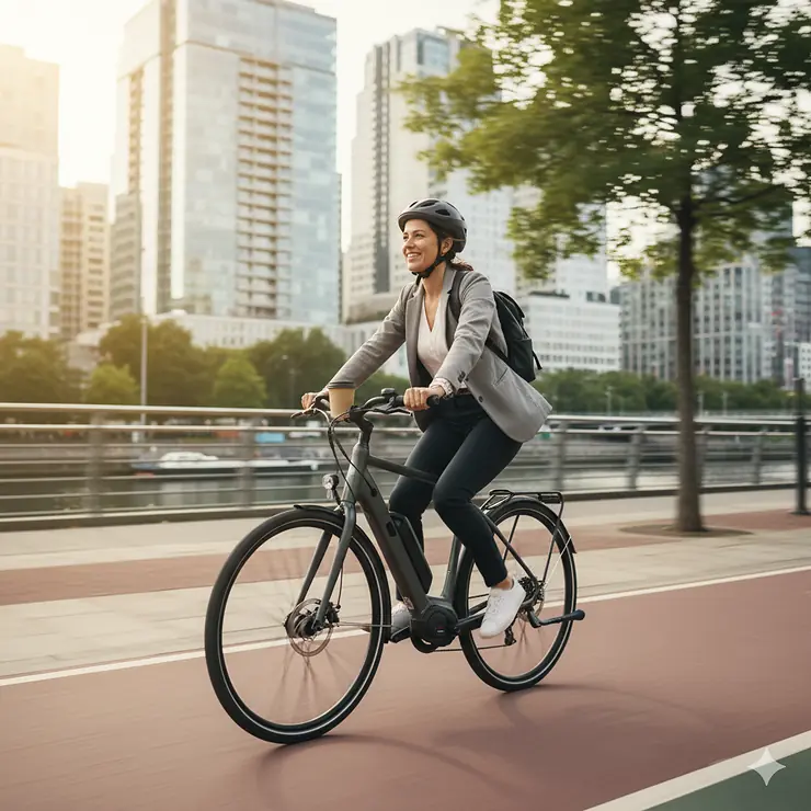 A person riding a mid-drive electric bicycle on a city street, highlighting its use as a reliable and powerful commuter bike. mid drive electric bicycles