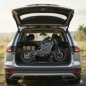 An electric mini moto bike folded or disassembled for easy transport in the back of a car or a small storage space.