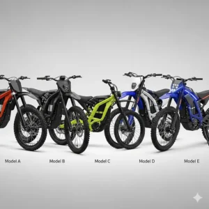 A side-by-side comparison of several different models of fast electric dirt bikes, allowing for a visual review of their designs and features.