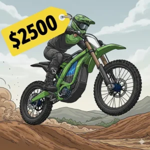 An illustration of an electric dirt bike with a prominent $2500 price tag, visually representing the affordability of these bikes.
