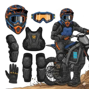 Illustration of essential safety gear, including a helmet, for riders of electric dirt bikes.
