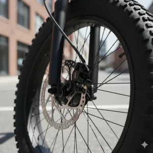 Close-up of hydraulic disc brakes, emphasizing reliable stopping power for a heavy duty electric bike.